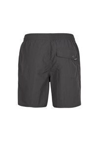 Donkergrijze zwemshorts van lichtgewicht stof. Voorzien van een elastische tailleband en een achterzak met drukknoopsluiting. Strak ontwerp.