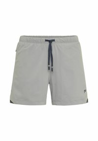 Helle graue Badeshorts aus schnelltrocknendem Material. Mit einem elastischen Bund und blauen Kordelzügen sowie seitlichen Taschen.