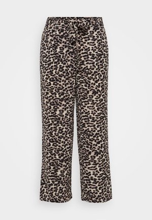 Pantalons jambes larges en tissu doux, présentant un motif léopard en beige et noir. Taille ajustable avec un détail à nouer.