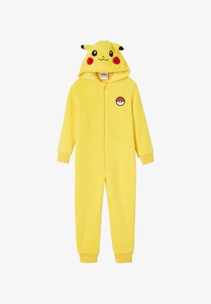 Yellow fleece onesie featuring a hood with Pikachu ears, front zipper, and a Pokéball patch on the chest. Soft texture and playful design.