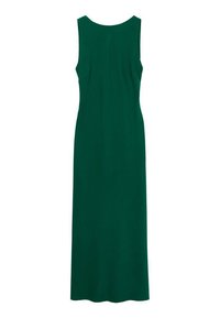 Abito verde senza maniche con scollatura rotonda, silhouette fino al pavimento e texture liscia, caratterizzato da un design semplice e privo di decorazioni.