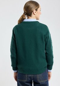 Groen structuur trui met een ronde halslijn, geribbelde zoom en contrasterende blauwe kraag, met gemusterde zijpanelen.