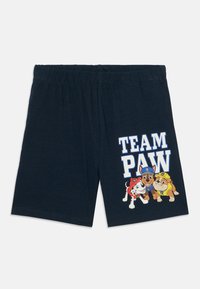 Navy blue cotton shorts with an elastic waistband; features a graphic print of three cartoon dogs and the text "TEAM PAW" in white and blue.
