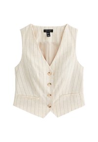 Beige väst i texturerad tyg med vertikala ränder. Har V-hals, femknappslås framtill och två sidofickor.