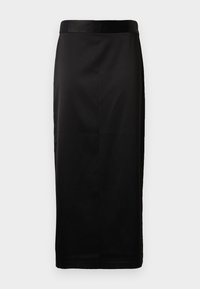 Zwarte midi-skirt van gladde stof, met een getailleerd silhouet, een satijnen tailleband en een rechte zoom zonder zichtbare versieringen.