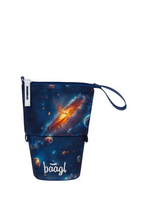 Foldable navy blue bag with a cosmic galaxy print, zipper closure, wrist strap, and "baagl" logo embroidered on the front.