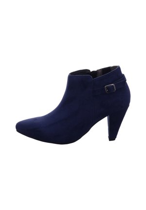 Navy blue suede ankle boots with a pointed toe and a stiletto heel. Features a side strap with a buckle accent for design detail.