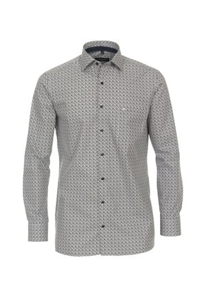 Langärmliges Hemd mit einem geometrischen Muster in Schwarz und Weiß, mit einer Knopfleiste, klassischem Kragen und dunkelblauen Akzenten.