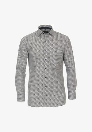 Langærmet skjorte med et geometrisk mønster i sort og hvid, med knaplukning foran, klassisk krave og mørkeblå detaljer.