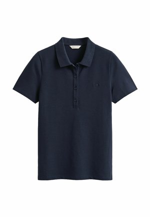 Polo a maniche corte blu navy con colletto e patta con bottoni, caratterizzata da un sottile logo ricamato sul petto.