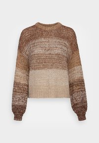Gestrickter Pullover mit geripptem Rundhalsausschnitt, langen Ärmeln und einem Farbverlaufsmuster in Braun-, Beige- und Cremetönen.