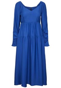 Vestido azul de manga larga con escote en V, falda acampanada y mangas fruncidas. Textura suave y silueta fluida.