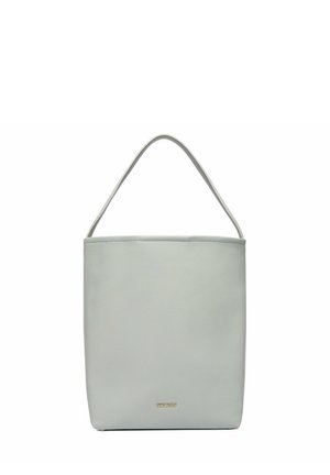 Hellgraue Leder-Schultertasche mit einem einzelnen Riemen und kleinem goldfarbenem "Gino Rossi"-Logo unten in der Mitte.