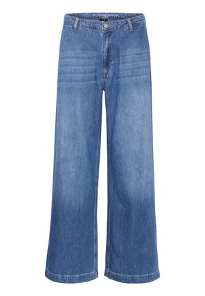 Wide-leg denim trousers in light blue, featuring a smooth texture, front button closure, and subtle stitch detailing on the waistband.