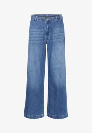 Wide-leg denim trousers in light blue, featuring a smooth texture, front button closure, and subtle stitch detailing on the waistband.