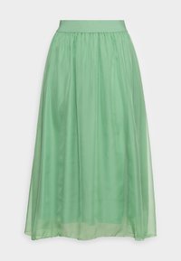 Jupe longue verte en matériau transparent et fluide. Elle présente une taille élastique plissée et une texture douce et légère.