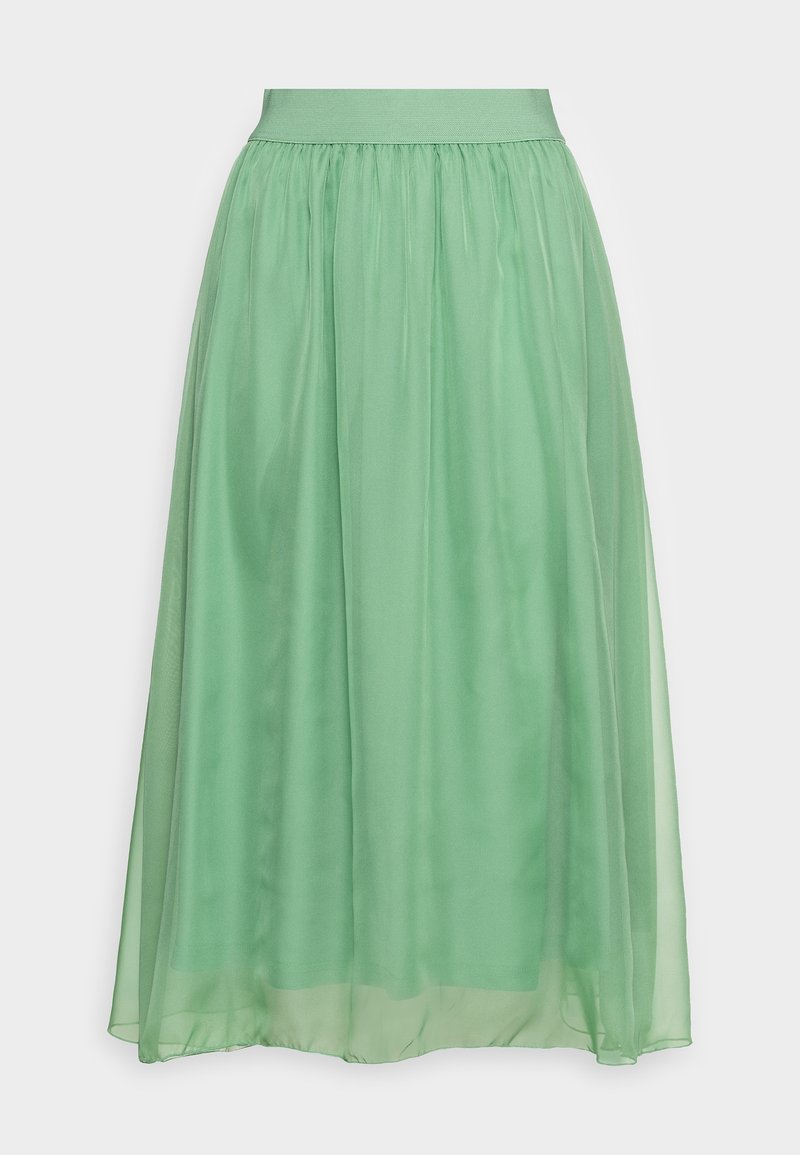 Jupe longue verte en matériau transparent et fluide. Elle présente une taille élastique plissée et une texture douce et légère.
