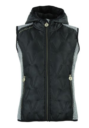 Sort puffy vest med hætte, der har et tekstureret diamantmønster, guld lynlås og houndstooth sidepaneler. Lynlås lommer på hver side.