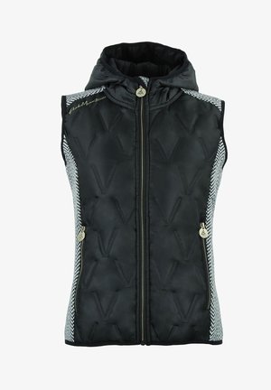 Schwarze, gepolsterte Weste mit Kapuze, die ein strukturiertes Rautenmuster aufweist, einen goldenen Reißverschluss und Hahnentritt-Seitenpaneele. Reißverschlusstaschen auf jeder Seite.