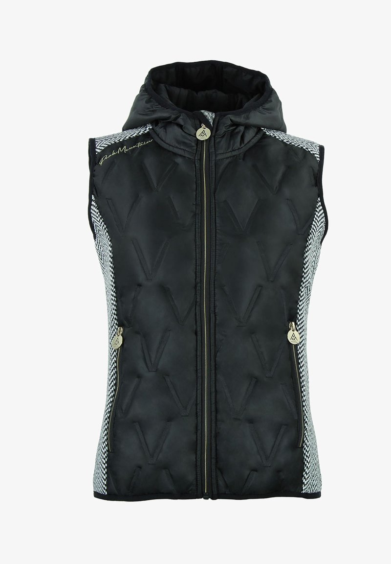 Zwarte gewatteerde vest met capuchon, voorzien van een gestructureerd ruitpatroon, gouden rits en houndstooth-zijpanelen. Ritszakken aan elke kant.