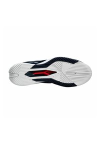 Suela de zapatilla de tenis con un patrón de relieve en colores contrastantes azul marino y blanco, acentos rojos y una superficie texturizada para un mejor agarre.