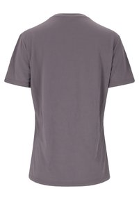Grå kortærmet T-shirt med rund halsudskæring, der har en glat tekstur og ingen fremtrædende mønstre eller detaljer. Vist fra bag. 