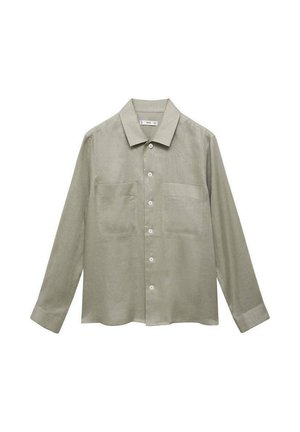 Saliegroene longsleeve shirt van linnen, met een kraag, voor sluiting met knopen en twee borstzakken met een gladde textuur.