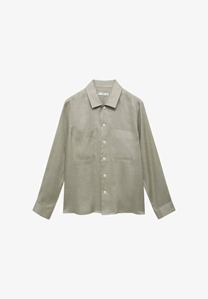 Sage green long-sleeve shirt made of linen, featuring a collar, front button closure, and two chest pockets with a smooth texture.