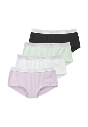 Vier Damen-Hipster-Slips in Schwarz, Mintgrün, Weiß und Lavendel, jeweils mit einem weißen Bund, der mit "Bench" gebrandet ist.