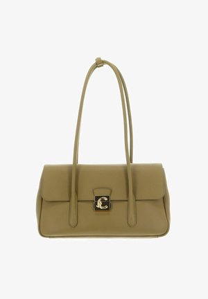 Sac à bandoulière en cuir vert olive avec des bretelles longues, de forme rectangulaire, et une fermeture carrée dorée ornée d'un logo décoratif.