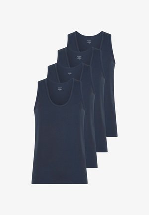 Quattro canottiere di cotone blu navy con scollature ampie e design senza maniche, caratterizzate da una texture liscia e senza motivi o accenti visibili.