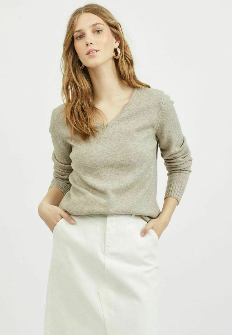 VILA VIRIL L/S V-NECK TOP - Stickad tröja - fungi