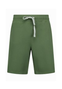 Groene geribde shorts met een verstelbare tailleband, voorzien van een contrasterende witte koord en een relaxte pasvorm.