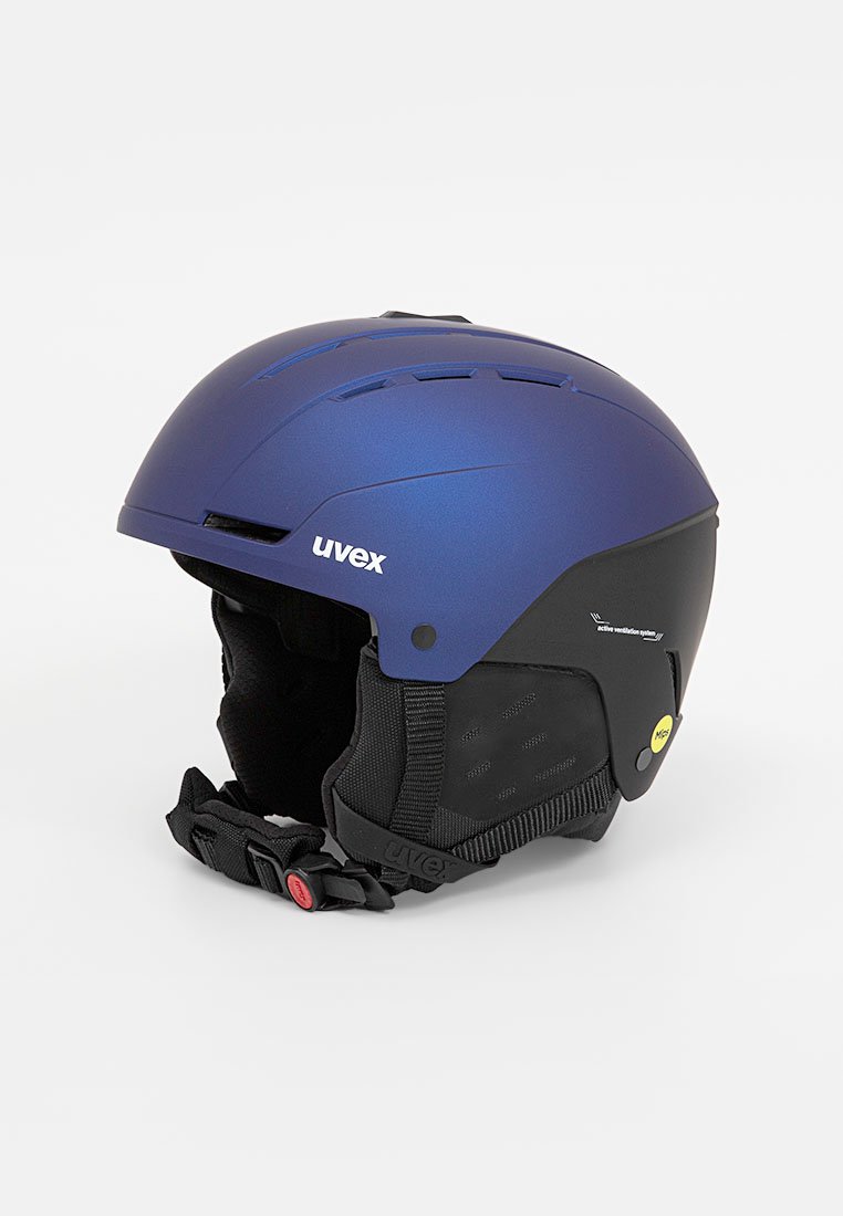 Casco de esquí Uvex en azul marino mate con acentos negros. Cuenta con ranuras de ventilación, correas ajustables y un acolchado pronunciado para mayor comodidad.