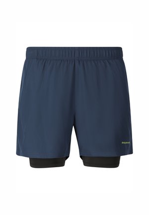Donkerblauwe sportshorts voor heren met zwarte binnenvoering van compressiemateriaal en elastische tailleband, klein geel "ENDURANCE"-logo op de zoom.