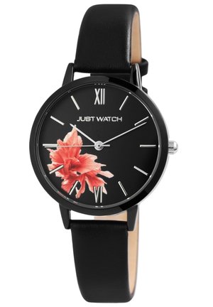 Schwarze analoge Uhr mit floralem Design, einem pinken Blütenblatt, silbernen Stundenmarkierungen und einem schwarzen Lederarmband. Einfaches rundes Zifferblatt.