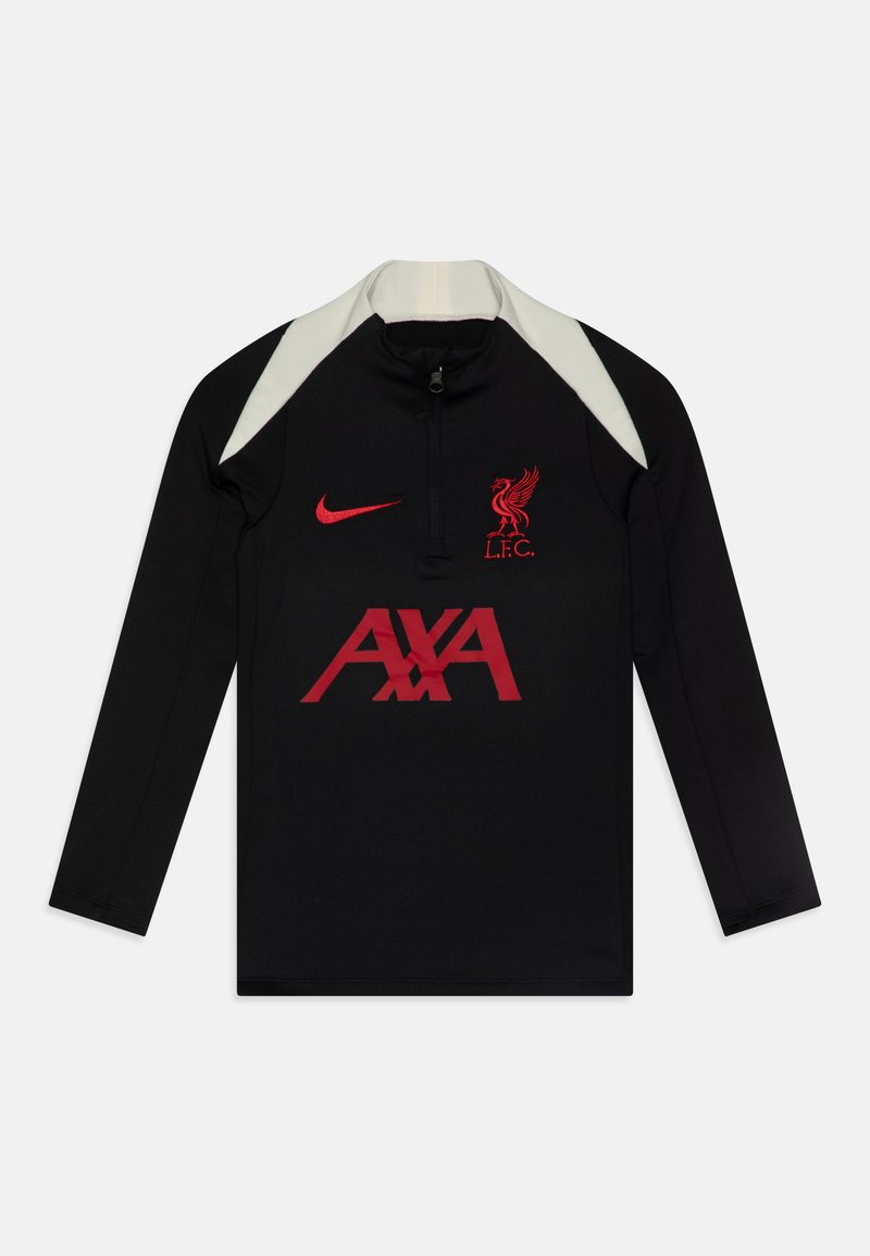 Svart atletisk långärmad topp med hög krage, röd Liverpool FC-logga, röd Nike-swoosh och vita axelaccenter, med en dragkedja framtill.