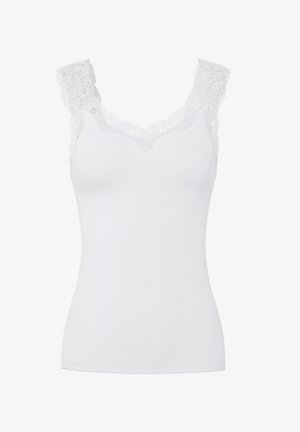 Witte tanktop met een V-hals en een kantafwerking bij de schouders, gemaakt van een zachte stof met een aansluitende silhouet en een gladde textuur.