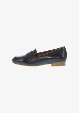 Leather loafers in dark blue, featuring a stitched toe and a low wooden heel. The design is sleek with minimal detailing.