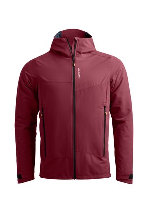 Maroon softshell jacket with hood, black front zipper, side zip pockets, and "ORTOVOX" logo on chest.