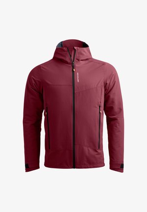 Maroon softshell jacket with hood, black front zipper, side zip pockets, and "ORTOVOX" logo on chest.