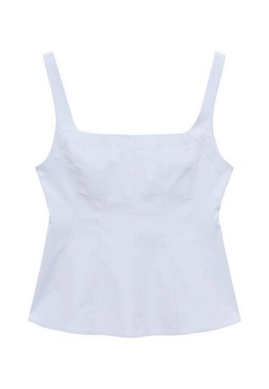 Vitt ärmlöst linne med fyrkantig halsringning, strukturerade sömmar och en utsvängd nederkant. Tillverkat av ett slätt tyg med en subtil lyster.