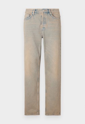 Lys beige denim jeans med rett snitt. Har fem lommer, knappeåpning og subtil falming langs stoffoverflaten.