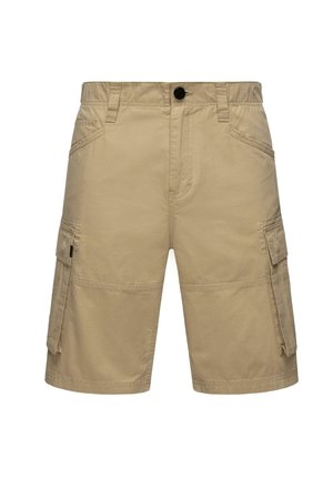 Beige Cargo-Shorts aus leichtem Stoff, mit mehreren Seitentaschen, Gürtelschlaufen und einem Knopfverschluss. Glatte Textur mit einer lockeren Passform.