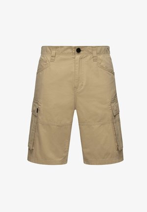 Beige cargo shorts lavet af letvægtsstof, med flere sidelommer, bæltesløjfer og en knaplukning. Glat tekstur med en afslappet pasform.