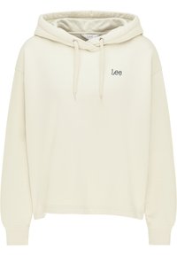 Sweat à capuche couleur crème avec cordon de serrage et petit logo Lee brodé sur le haut à gauche de la poitrine, manches longues et poignets côtelés.