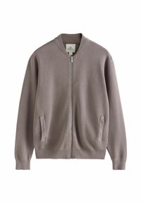 Light gray zip-up cardigan with a ribbed collar and cuffs, two side pockets, and textured fabric. Label visible inside at the neck.