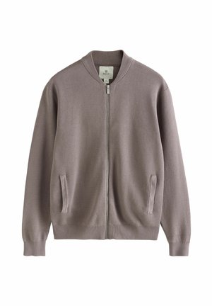 Light gray zip-up cardigan with a ribbed collar and cuffs, two side pockets, and textured fabric. Label visible inside at the neck.