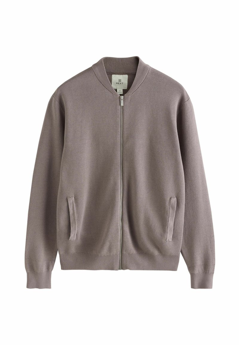 Light gray zip-up cardigan with a ribbed collar and cuffs, two side pockets, and textured fabric. Label visible inside at the neck.