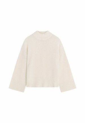 Chunky, cream-colored sweater with a high neck, wide sleeves, ribbed cuffs, and hem made from a soft, textured fabric.